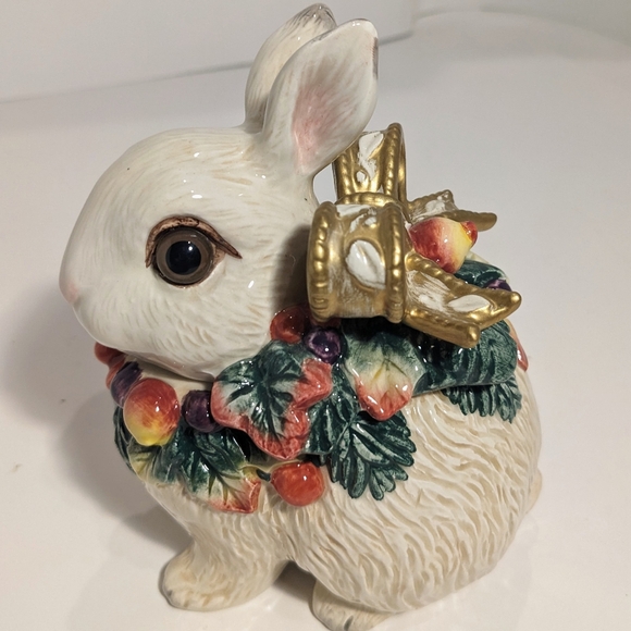 Fitz And Floyd Classics White Bunny Rabbit Trinket Dish W/Lid Gold Bow Greenery - Picture 9 of 11